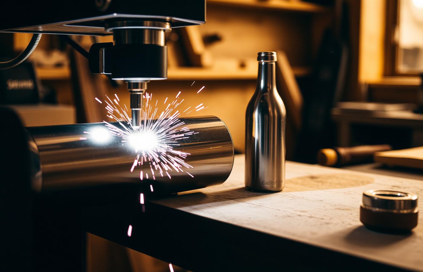 Lasergravur einer Edelstahlflasche in der Werkstatt